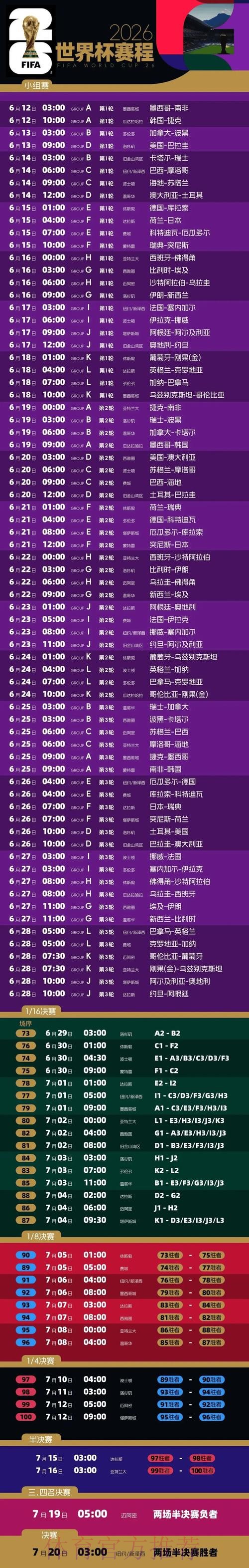 2026世界杯完整赛程高清版比赛时间表免费观看